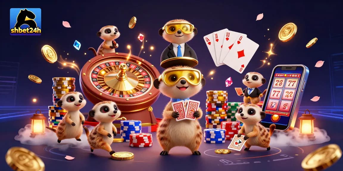 Experience the excitement of shbet24h with animated meerkats operating a vibrant casino scene.