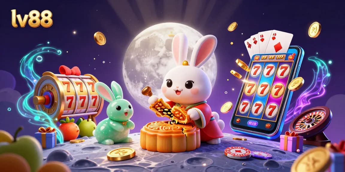 lv88 depicts a lively scene of moon rabbits engaging in casino-themed activities, emphasizing gaming excitement.