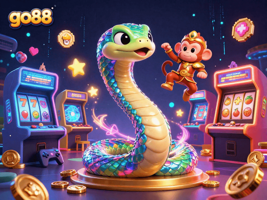 Engage with go88's vibrant casino environment featuring a rainbow serpent, monkey king, and arcade elements.