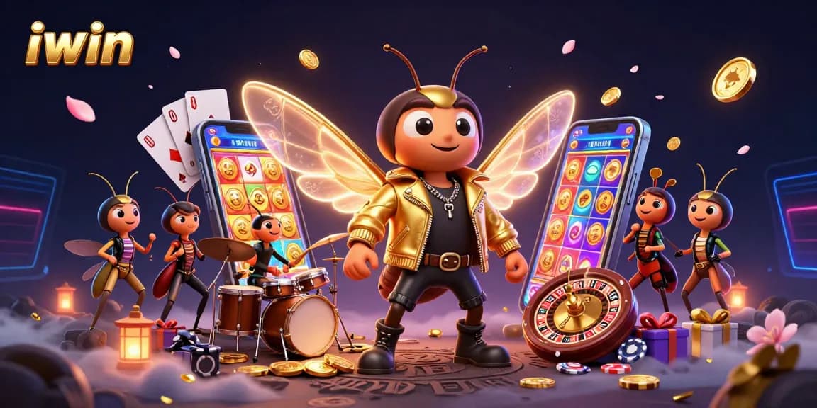 iwin showcases vibrant casino energy featuring a cicada rock star and dynamic gaming elements.