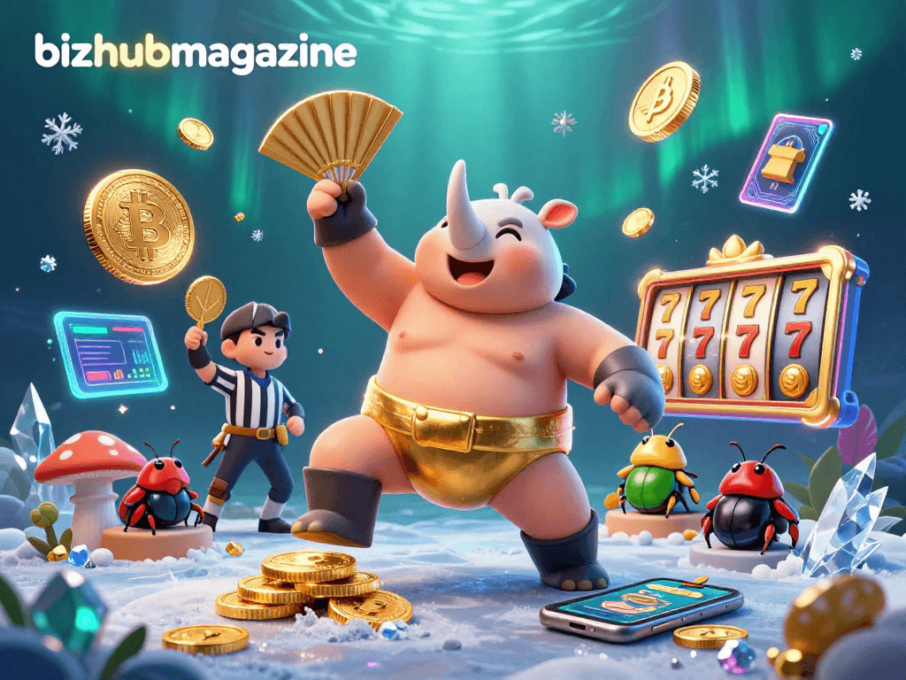 Exciting action in a bizhubmagazine themed casino scene with a sumo beetle champion and crypto elements.