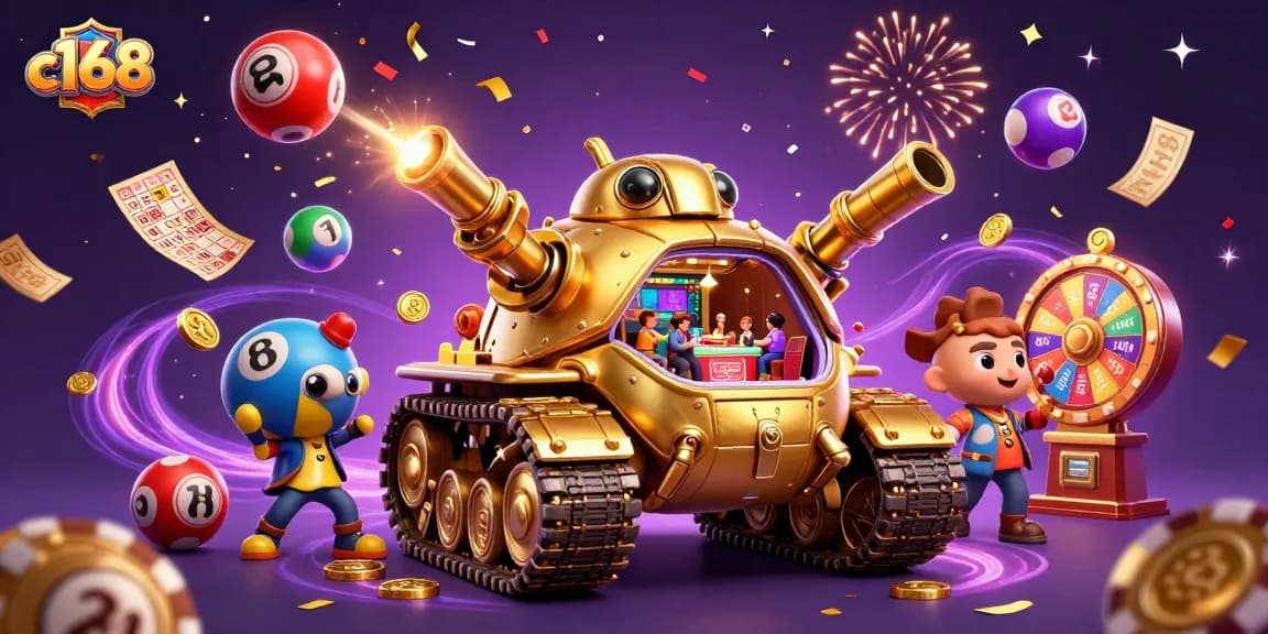 Join the c168 casino adventure with colorful lottery balls and a lavish tank-themed casino.