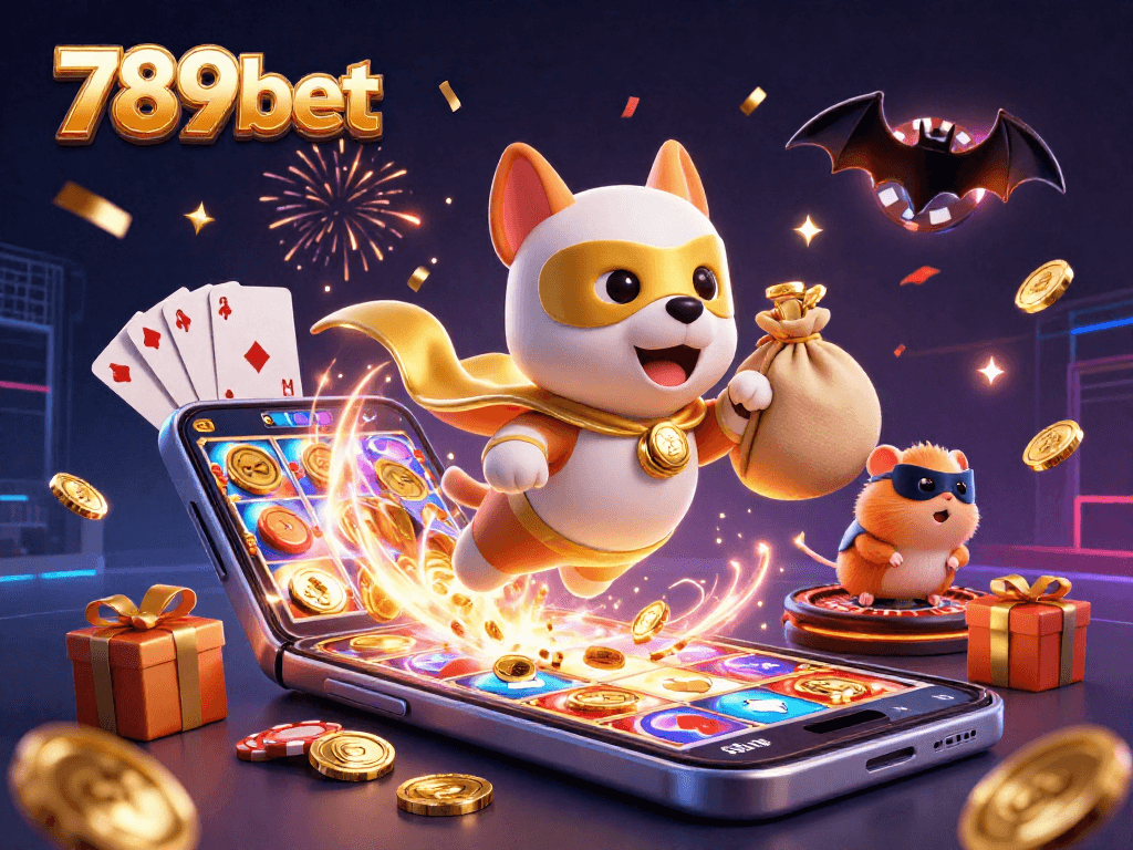 Experience excitement with 789bet as a superhero dog carries gold coins in thrilling 3D casino art.