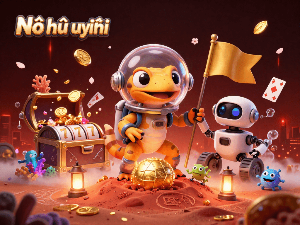 Nổ hũ uy tín: An exciting 3D illustration showcasing a Martian gecko discovering a golden casino with vibrant casino elements.