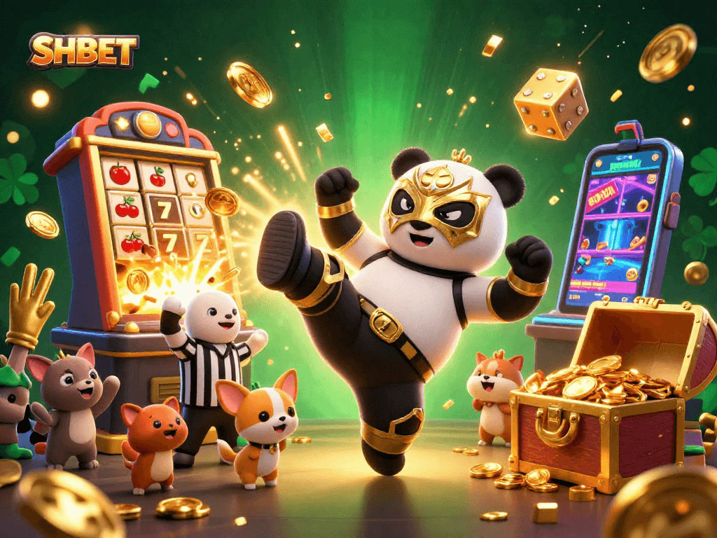 Experience the vibrant SHBET casino world with a panda wrestler in action amidst dazzling jackpots and lively spectators.