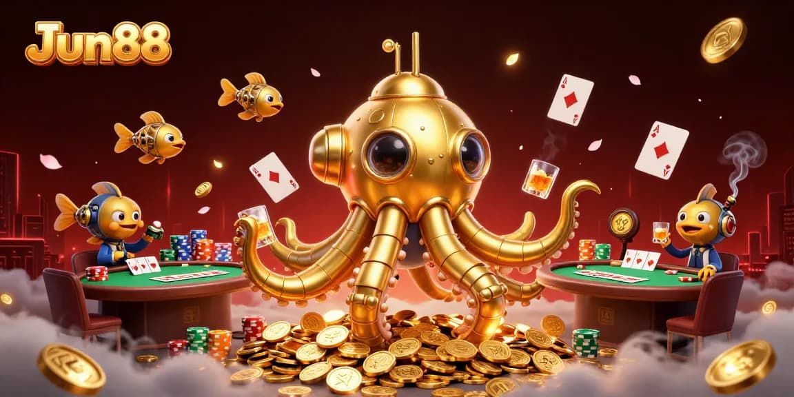 Join the excitement at JJun88 with a dynamic 3D scene showcasing a golden kraken submarine and poker elements.