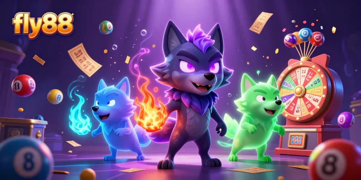 Engage with fly88's vibrant lottery scene featuring dynamic elements and ghostly wolves.