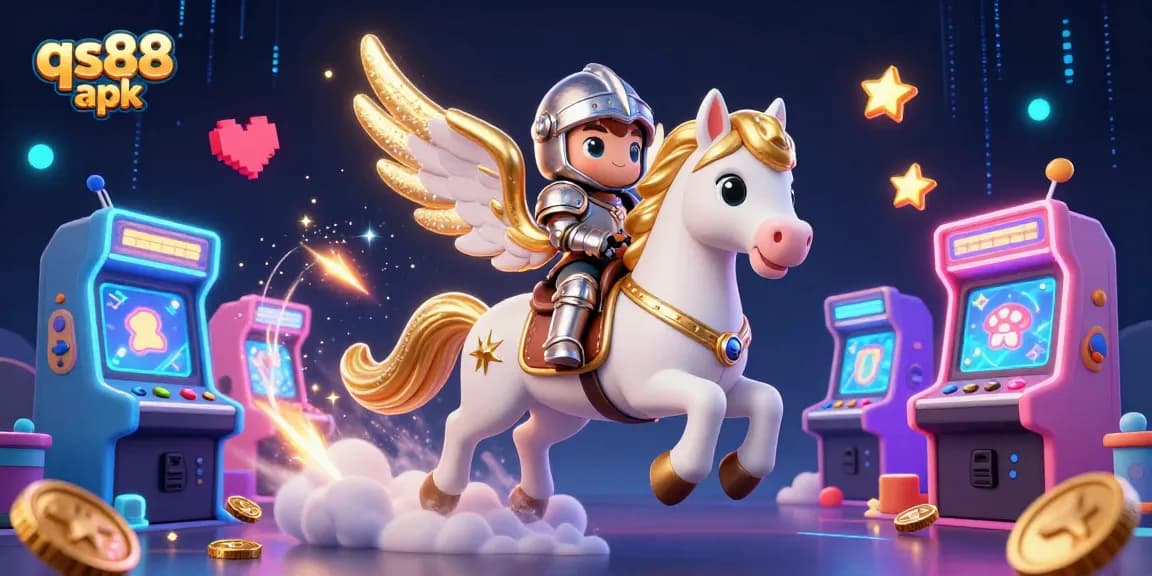 Experience the thrill of qs88 apk with a vibrant 3D illustration featuring a celestial horse and arcade game elements.