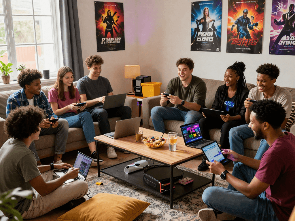 Young adults enjoying social gaming experience with porno games in a cozy living room.