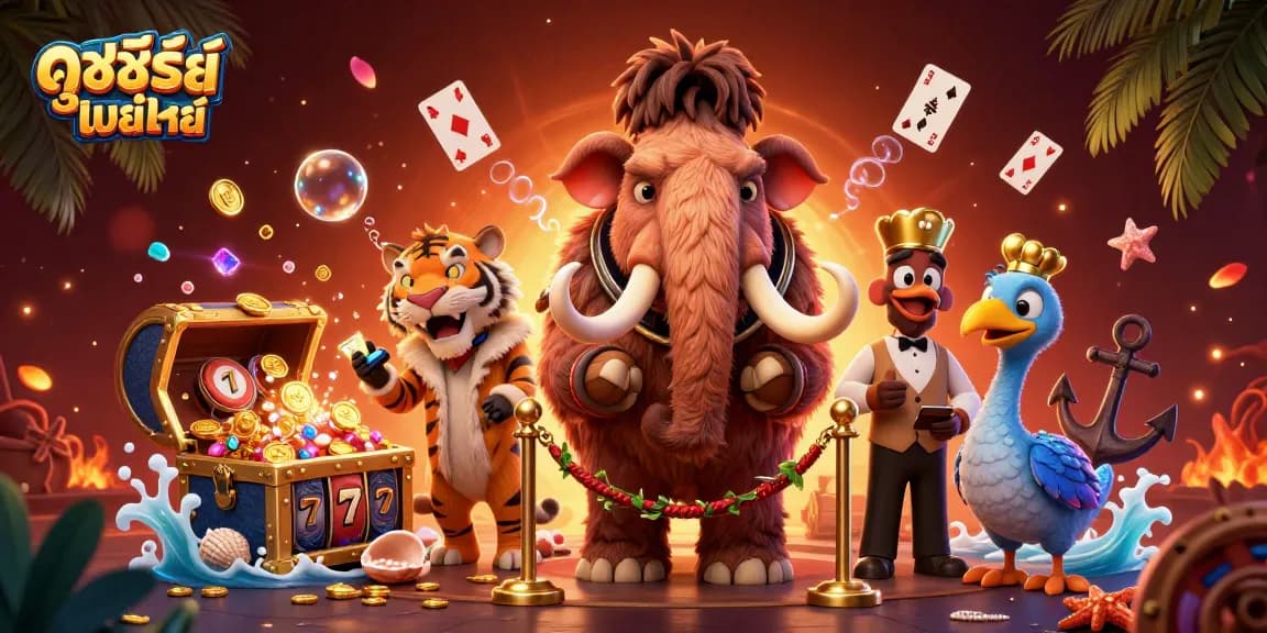 ภาพประกอบการ์ตูน 3มิติของดูซีรี่ย์ออนไลน์ ที่มีตัวละครพิเศษในคาสิโน พร้อมสล็อตและอัญมณี