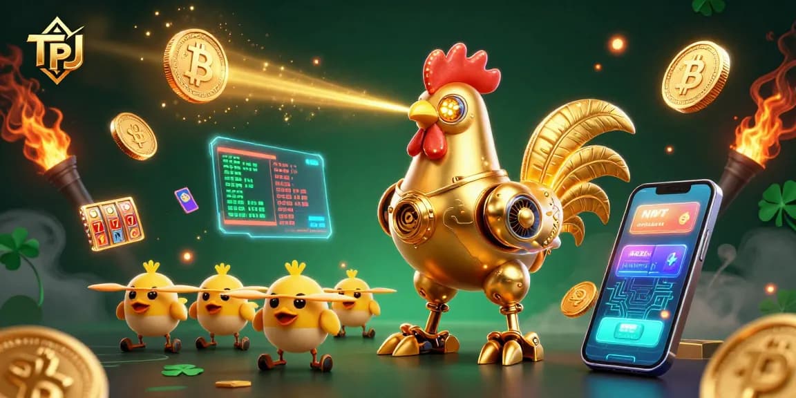 TPJ showcases dynamic slot gaming elements alongside a futuristic rooster robot and drones in an engaging scene.