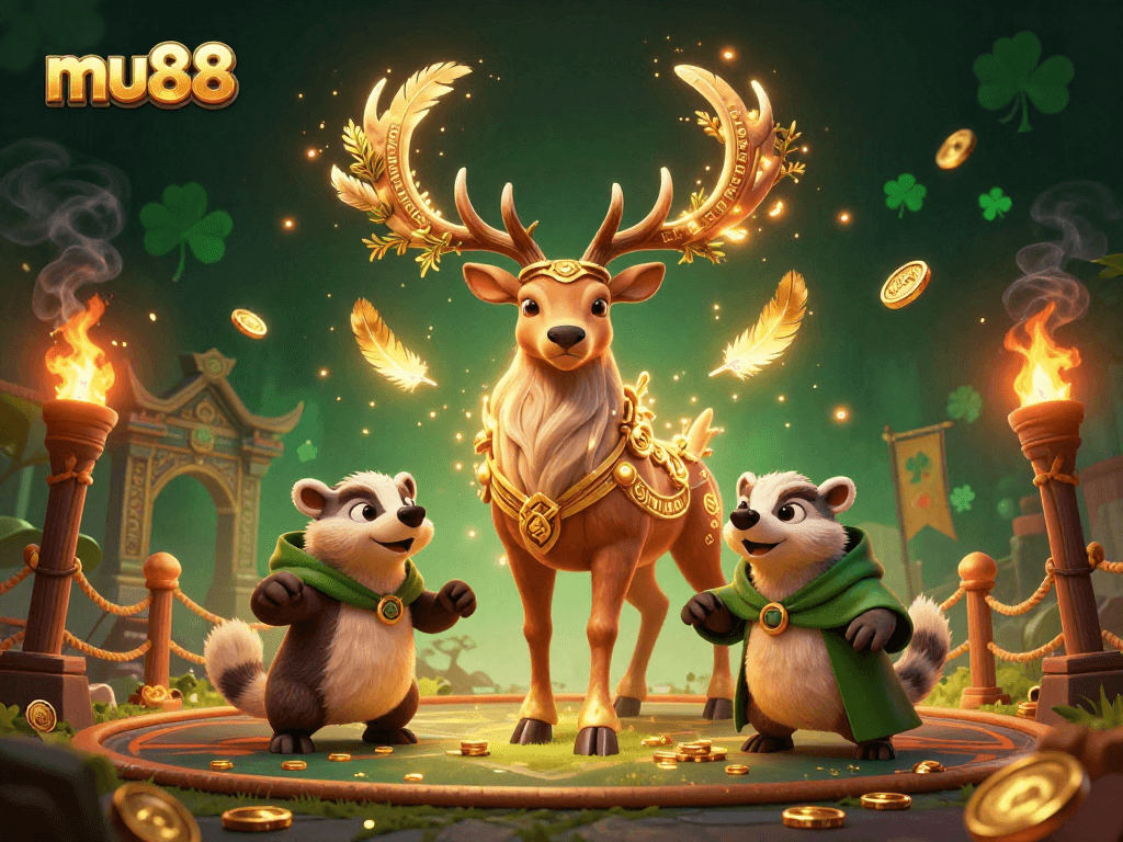 Experience thrilling gameplay at mu88 with a dynamic illustration of a Celtic druid and wise badger in a lively casino setting.