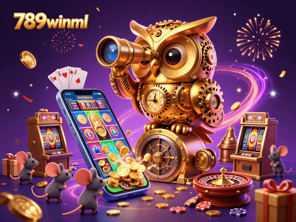 Engage in excitement alongside the 789winml owl scanning a vibrant casino floor filled with games.