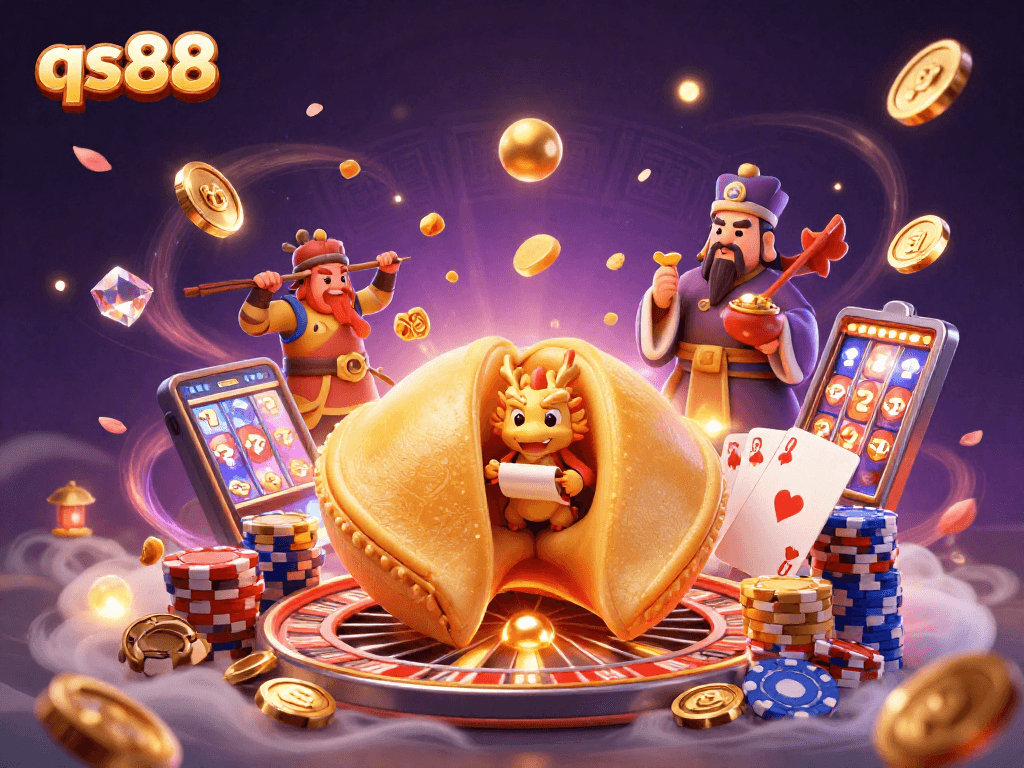 Win big with qs88's colorful casino adventure featuring a vibrant 3D scene of gaming excitement.
