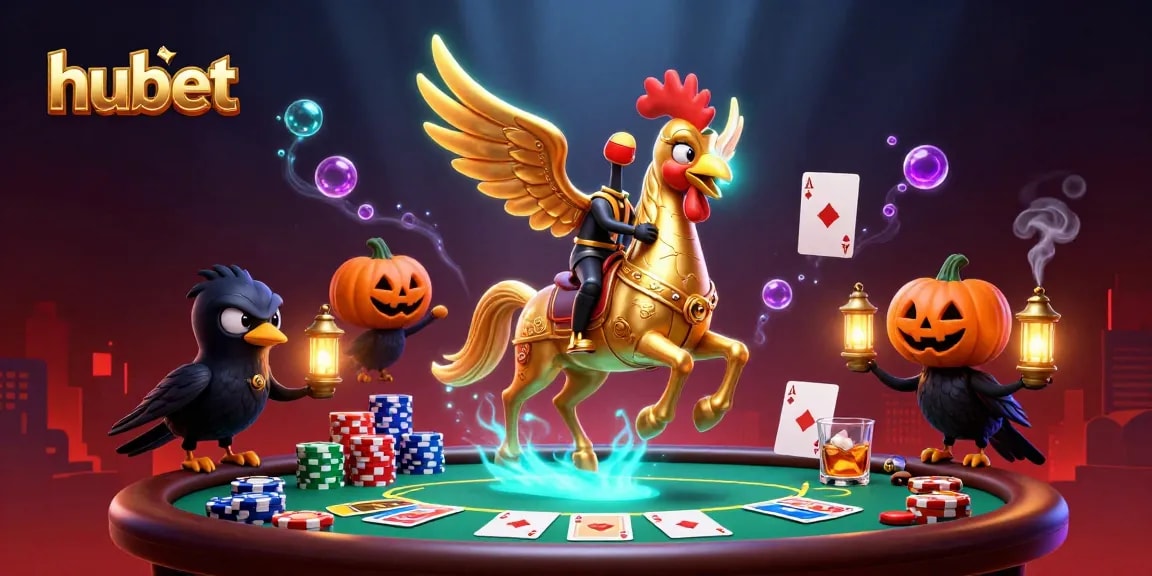 Experience the thrill of hubet with a golden rooster and spectral horse in a vibrant casino.