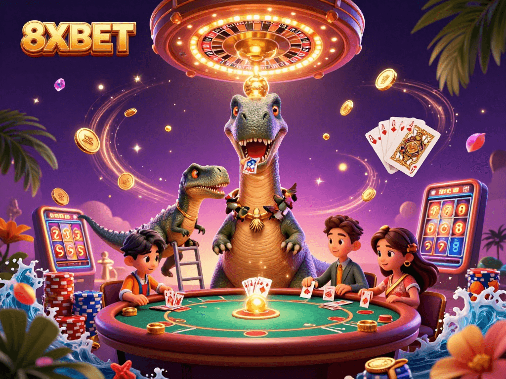 Engage with the vibrant casino scene featuring 8XBET characters, gold coins, and lively game elements!