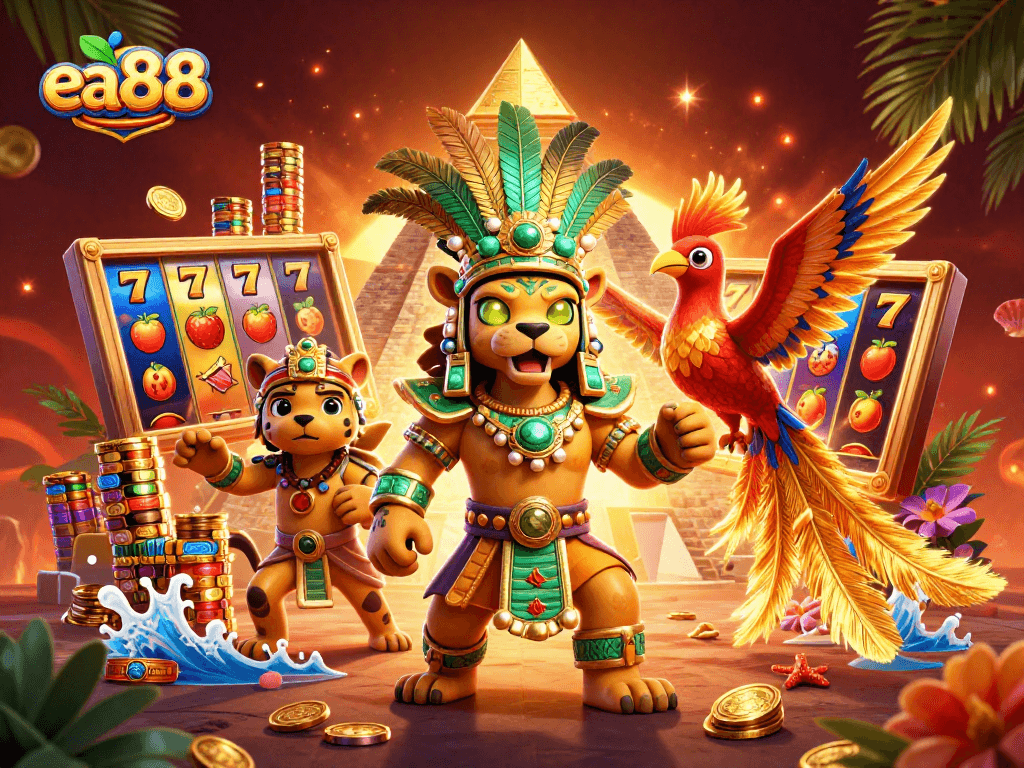Spin the reels at ea88 with vibrant slot machines, fruit symbols, and a jackpot counter amidst a thrilling atmosphere.