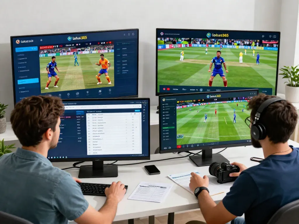 Exciting lotus365 betting scene with sports fans actively engaging in cricket, football, and tennis wagering.