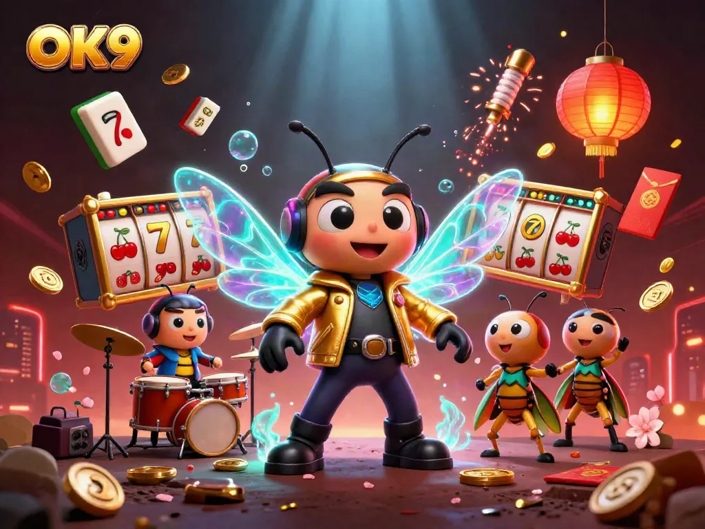 Witness the exciting OK9 casino scene with a cicada rock star, vibrant slots, and celebratory elements.