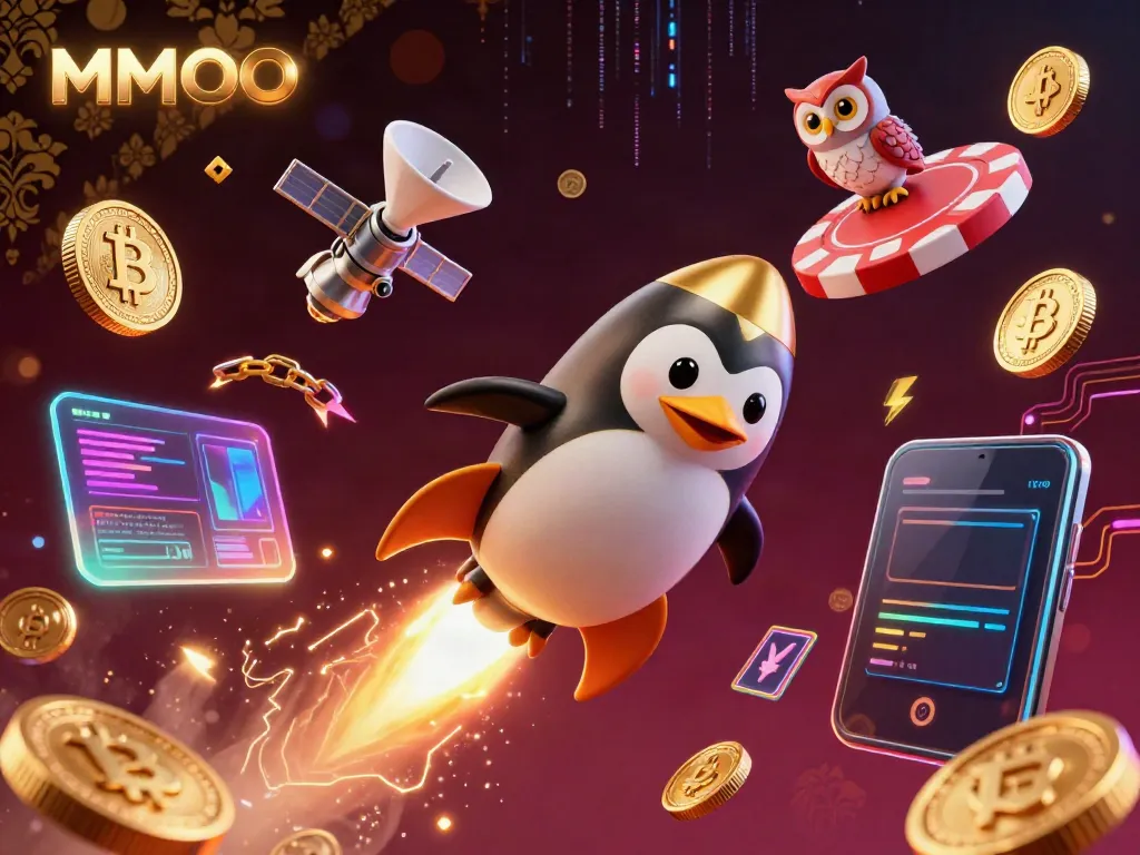 Experience the thrill of casino space adventures with MMOO in this dynamic 3D illustration featuring a golden penguin and crypto elements.