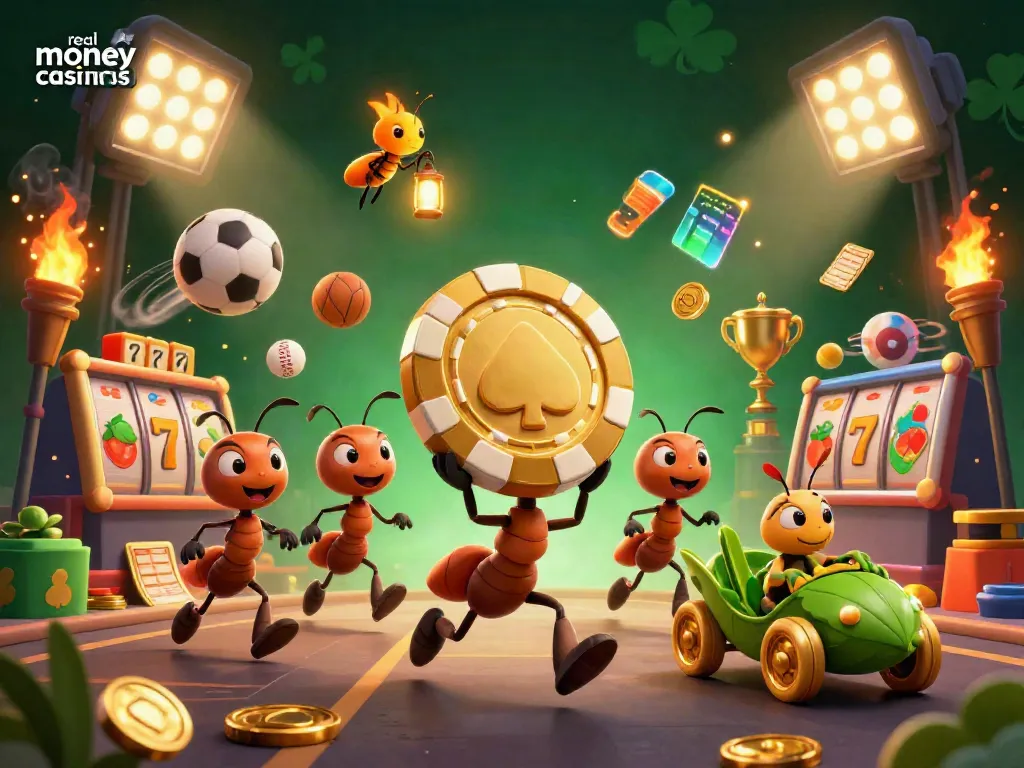 Cheerful ants carrying a large poker chip symbolize real money casinos Australia amidst vibrant casino elements.