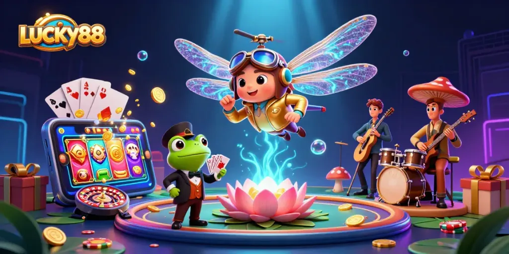 Engage with LUCKY88's dynamic casino scene featuring colorful gaming elements and lively characters.