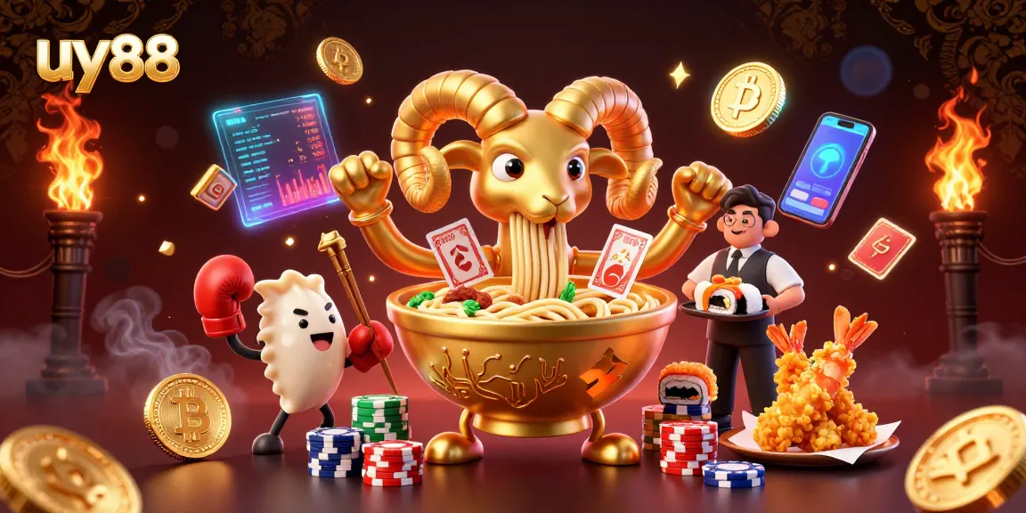 uy88 interactive casino scene with a golden ramen bowl, gyoza, and crypto elements