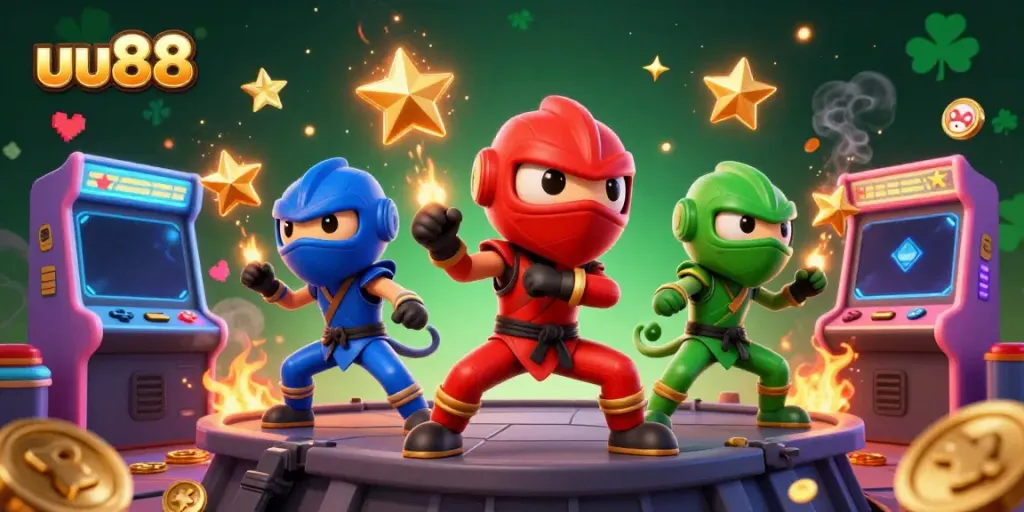 uu88 chameleon ninjas showcase impressive moves in an exciting gaming atmosphere filled with vibrant casino elements.