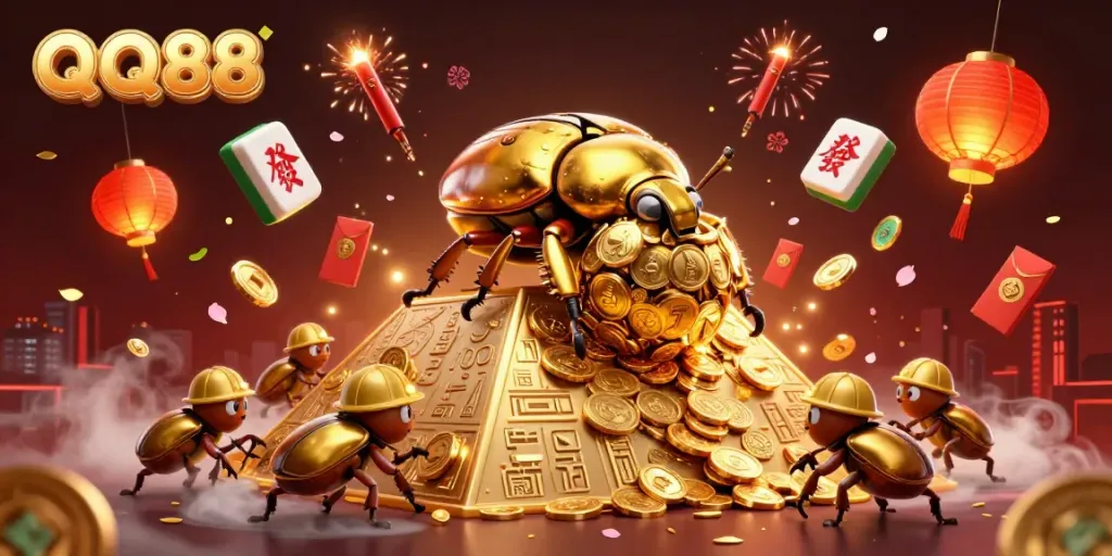 Experience the thrills of QQ88 with a vibrant 3D illustration capturing golden beetles and dynamic casino symbols.