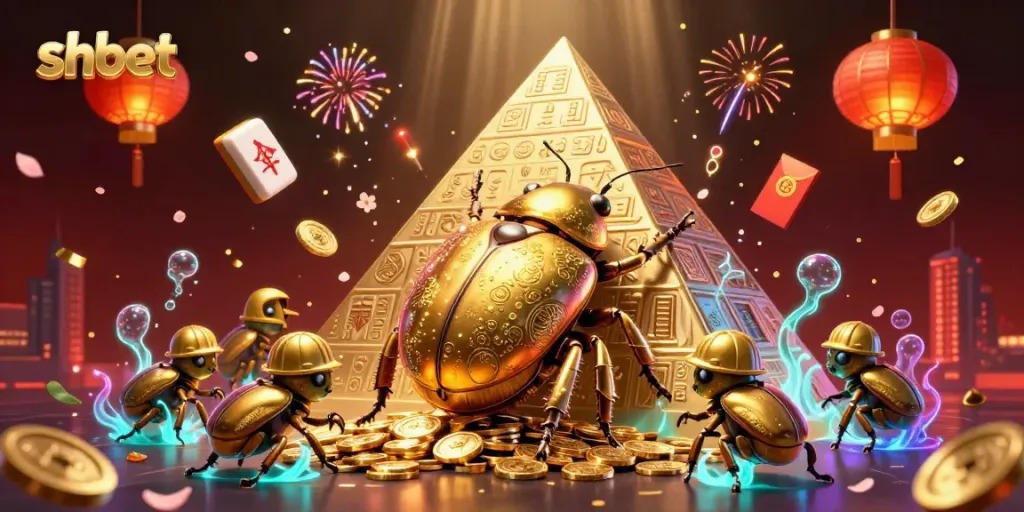 Experience the excitement of shbet with a vibrant 3D casino scene featuring golden beetles and casino symbols.