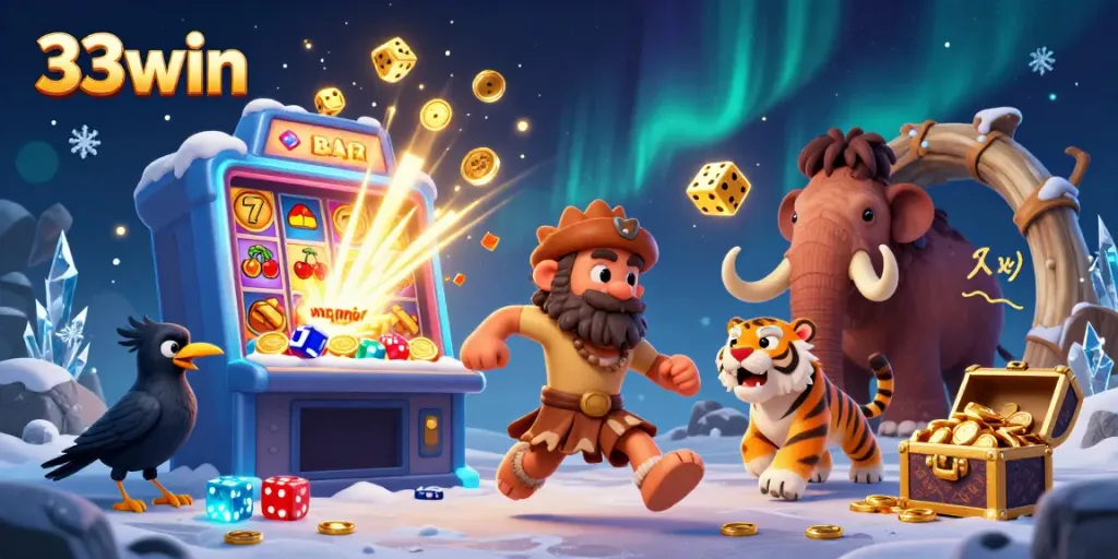 Experience the excitement of 33win with a prehistoric casino scene featuring unique characters and vibrant game elements.