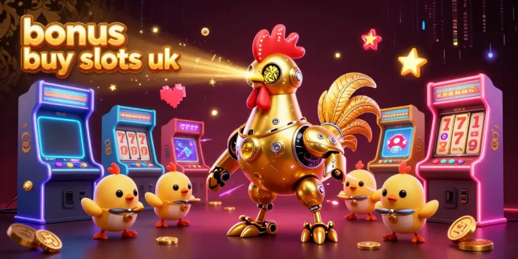 Experience the excitement of bonus buy slots UK with a fun robot and baby chick drones in a vibrant casino scene.