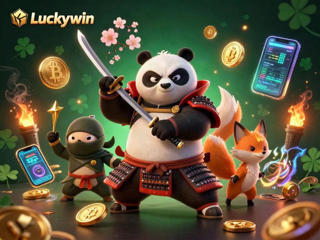 Experience thrilling games with Luckywin featuring a fierce samurai panda and ninja fox in this captivating illustration.