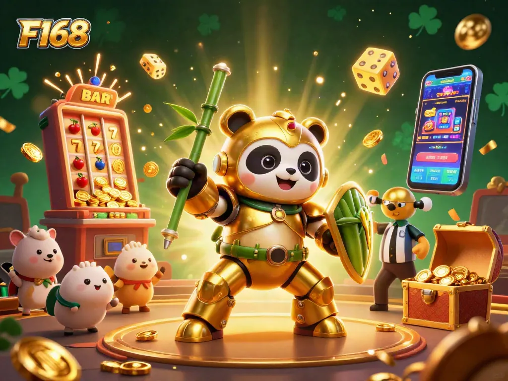 Experience F168's thrilling casino action with a dynamic illustration featuring vivid games and characters.