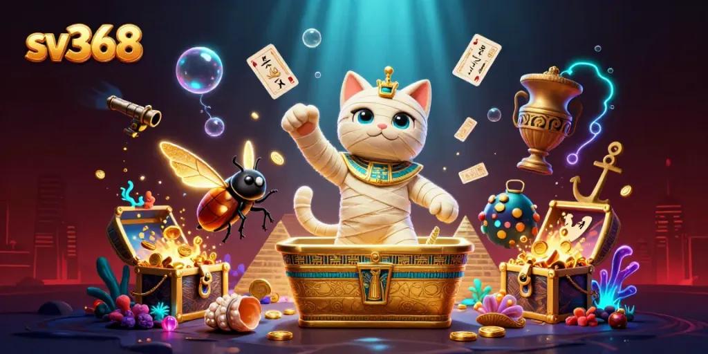 Engage with sv368's thrilling casino adventure led by a cartoon mummy cat and glowing scarab beetle.