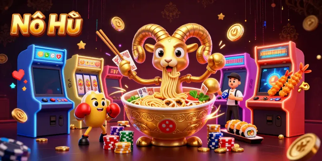 Nổ Hũ engages players with vibrant characters and casino-themed 3D illustration including jackpot elements.