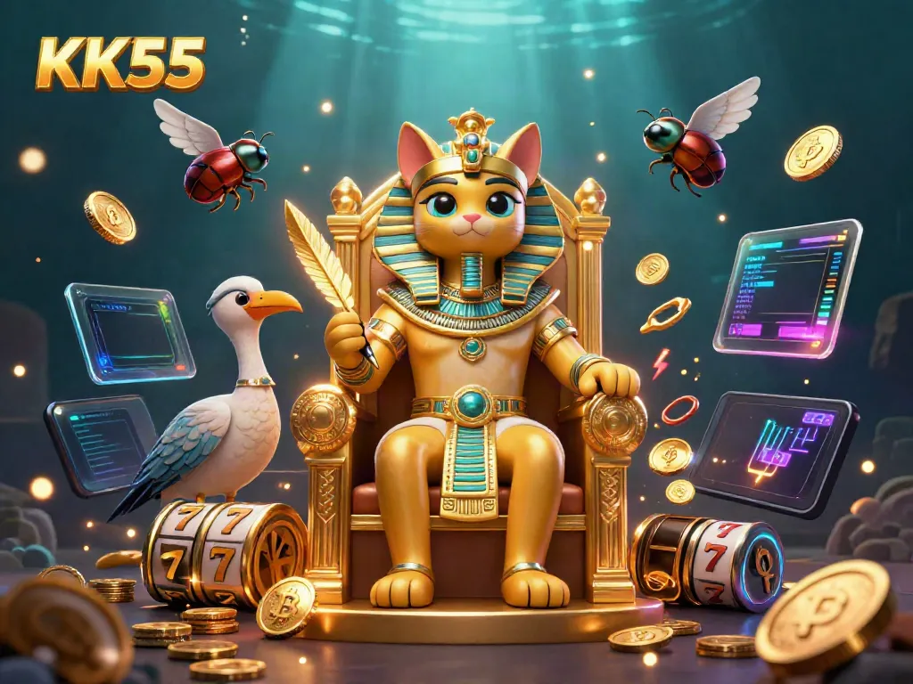 Win exciting prizes at KK55 with an ultra-detailed casino scene featuring an Egyptian pharaoh cat.