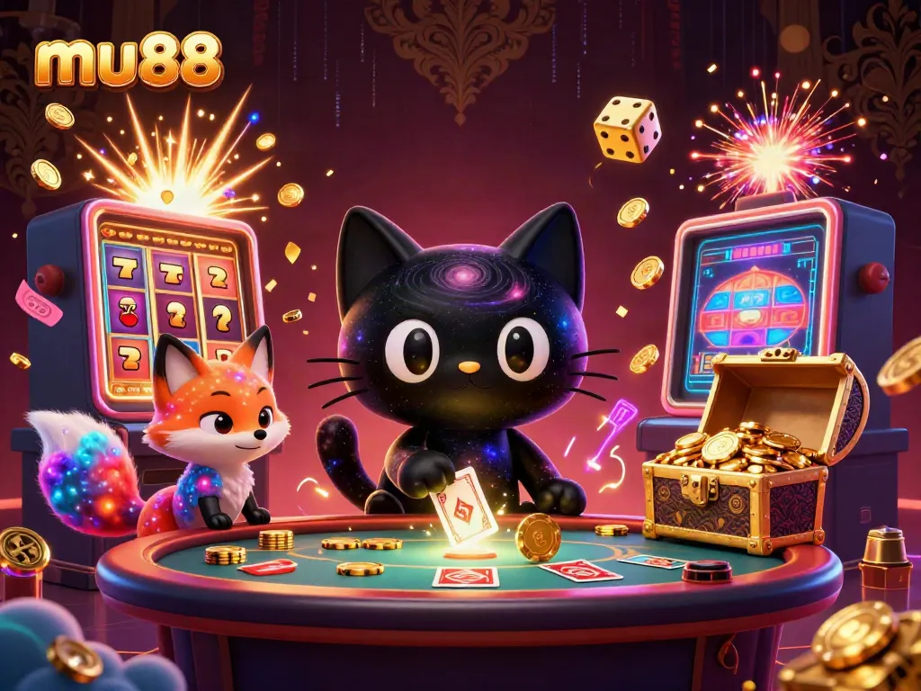 Experience thrilling casino excitement with mu88's vibrant cosmic scene featuring enchanting characters and gaming elements.