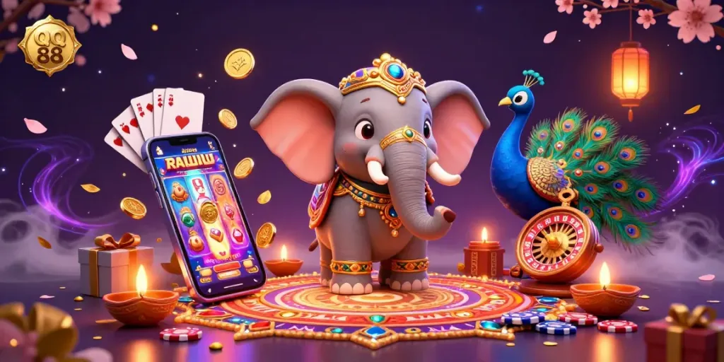 Experience thrilling gameplay with QQ 88’s vibrant 3D casino scene filled with colorful slot games and festive characters.
