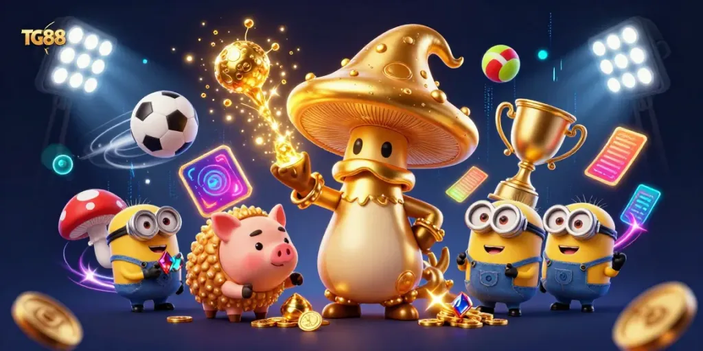Engage with the vibrant TG88 online casino scene filled with gold magic, sports elements, and dynamic characters.