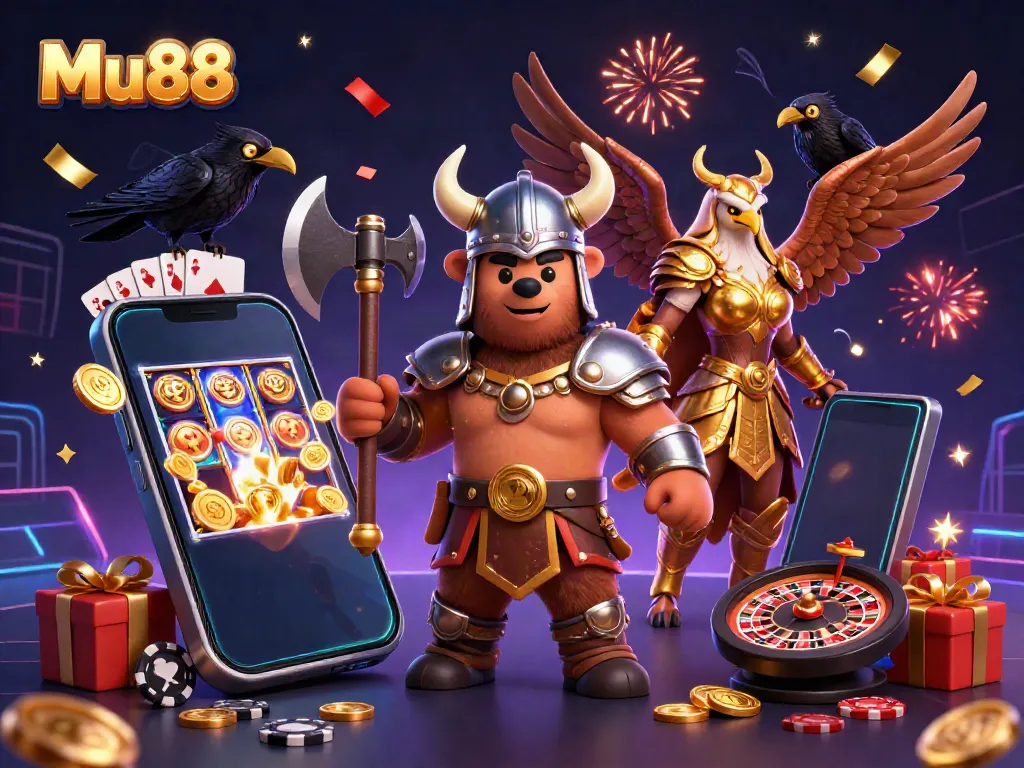 Mu88 showcases a Viking and Valkyrie in an exciting casino scene with interactive slot games and rich gaming elements.