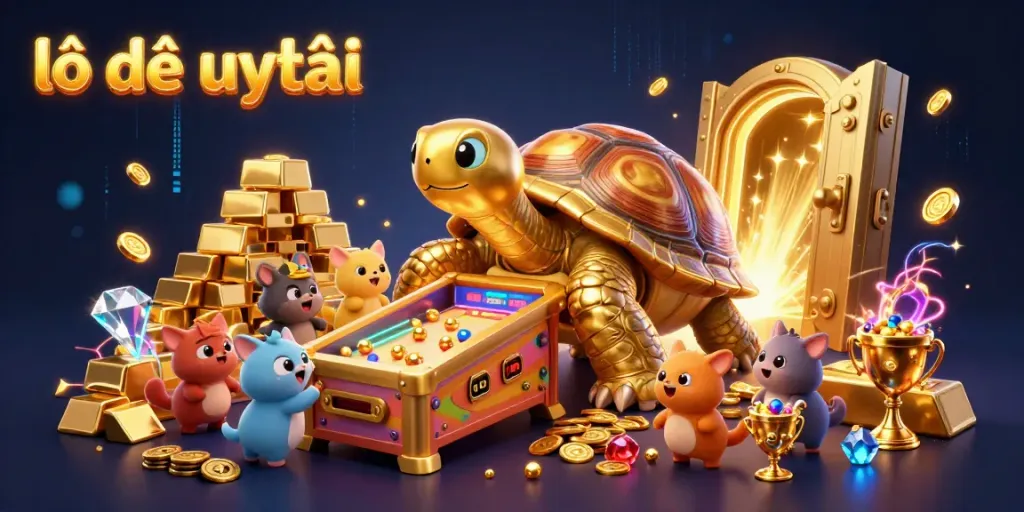 Engage with lô đề uy tín amidst a vibrant, colorful scene featuring a golden tortoise and treasure.