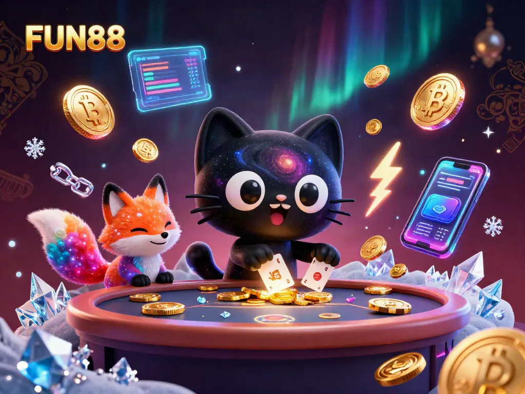 Experience FUN88's cosmic gambling scene with a cartoon black hole cat and space fox.