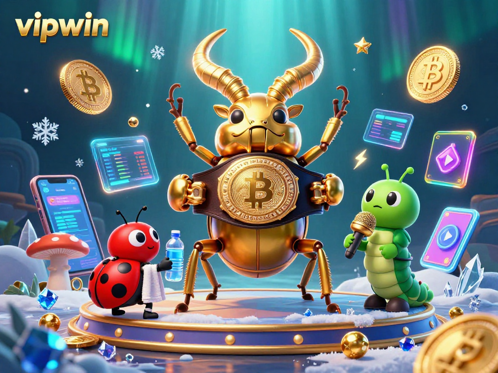 Experience thrilling gambling with vipwin as a golden stag beetle champion interacts in a vibrant casino scene.