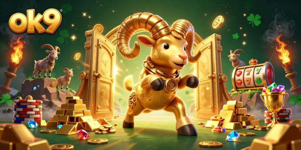 Experience thrilling casino vibes with ok9's dynamic 3D illustration featuring gold treasures and lively characters.