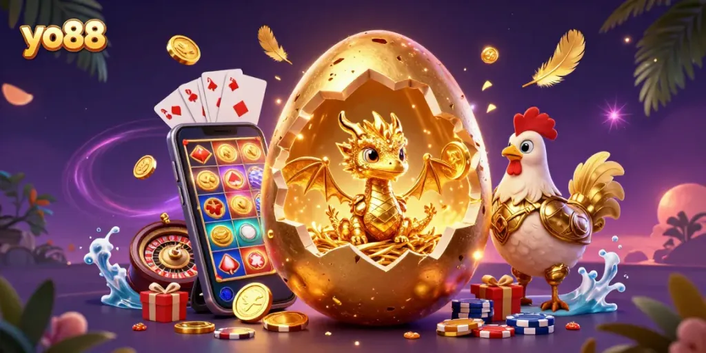 Experience thrilling gameplay with yo88 as a golden dragon guards poker chips amidst vibrant casino elements.