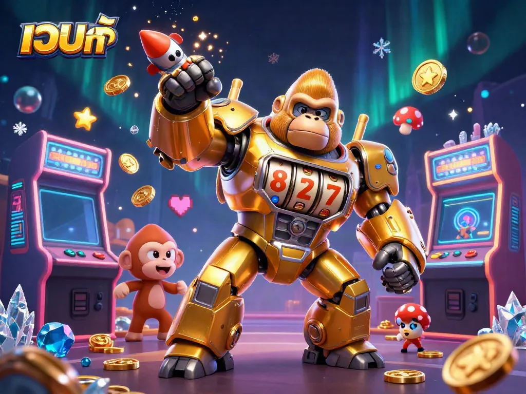 Engage with เว็บสล็อตแท้ featuring a golden gorilla mech amidst vibrant casino elements.