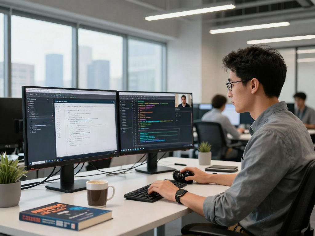 Coding session at a modern workspace featuring crushon ia interfaces and collaborative tools.