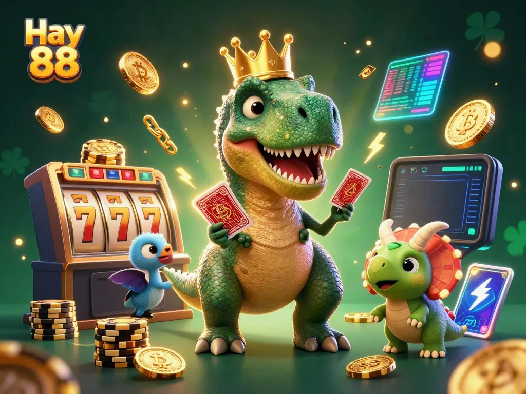 Experience thrilling slot action with Hay 88, featuring a joyful T-Rex and colorful game elements.