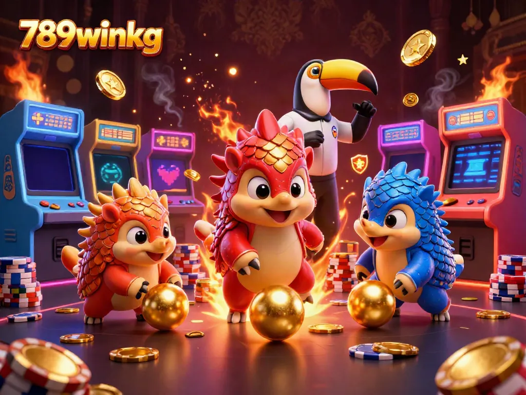 Engage with the thrilling world of 789winkg as pangolins roll through poker chips in a vibrant arcade scene.